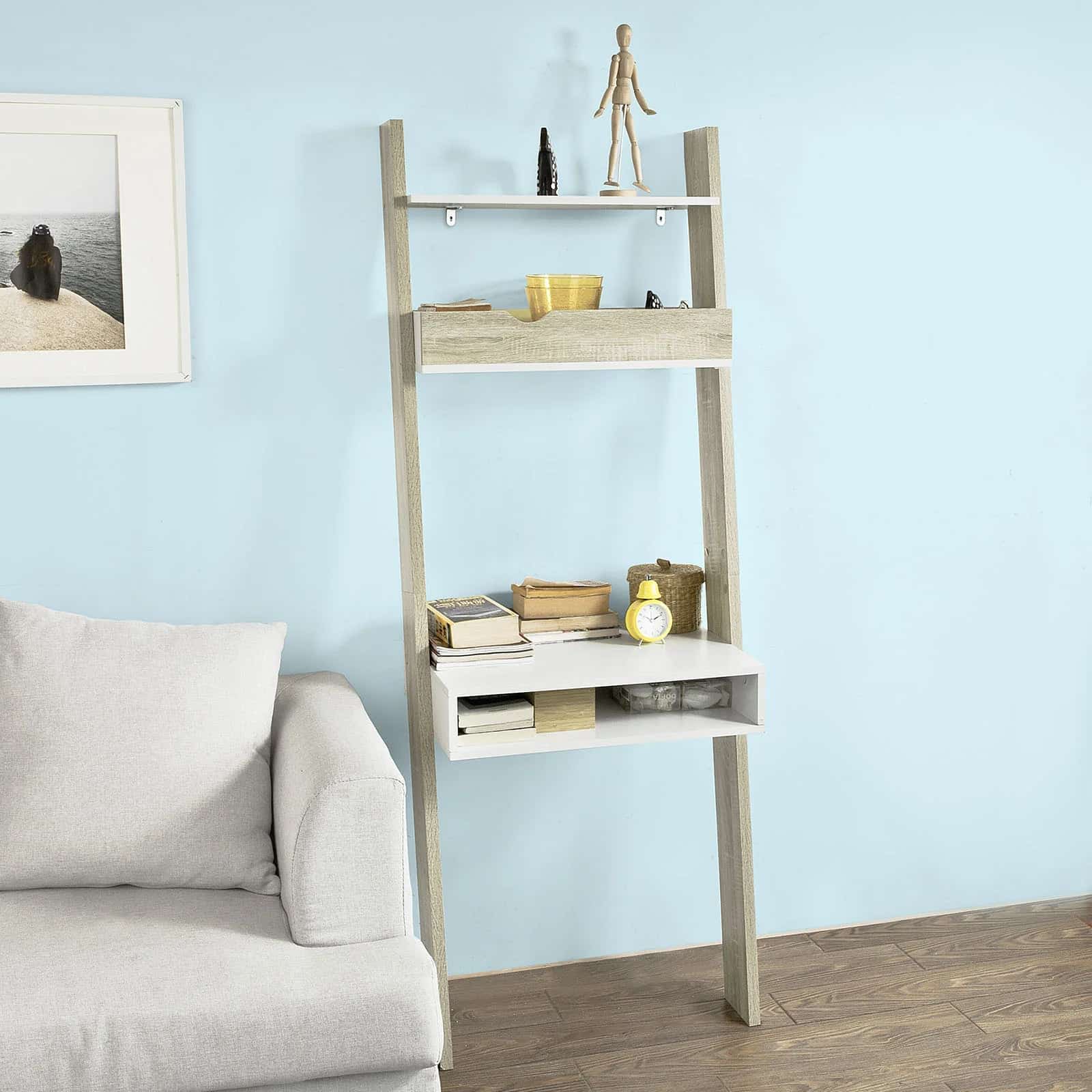 Moderne stigereol, B65 x D40 x H179 cm, naturfarvet og hvid