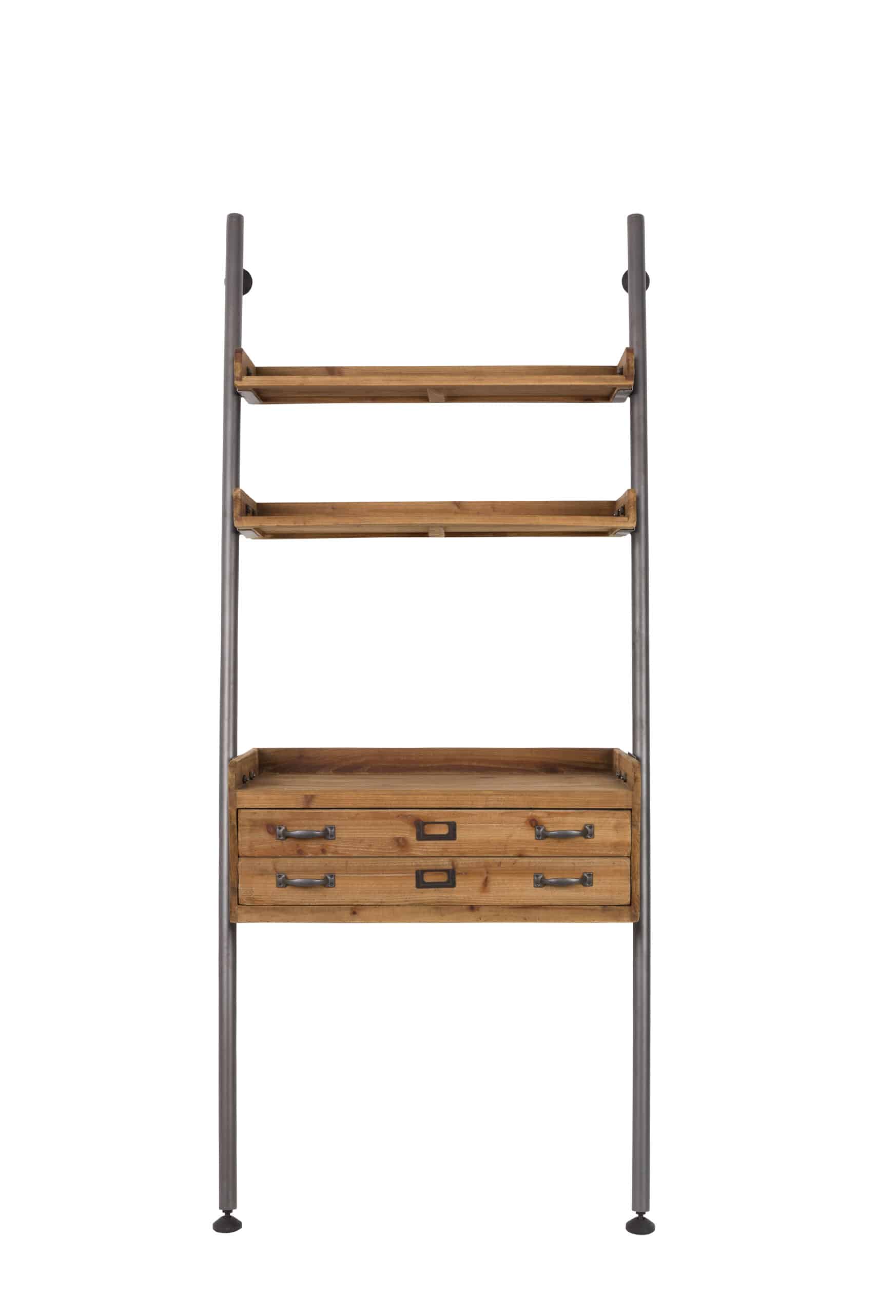 WHITE LABEL LIVING Rook stigereol, m. bordplade, 2 hylder og 2 skuffer - brun fyrretræ og jern